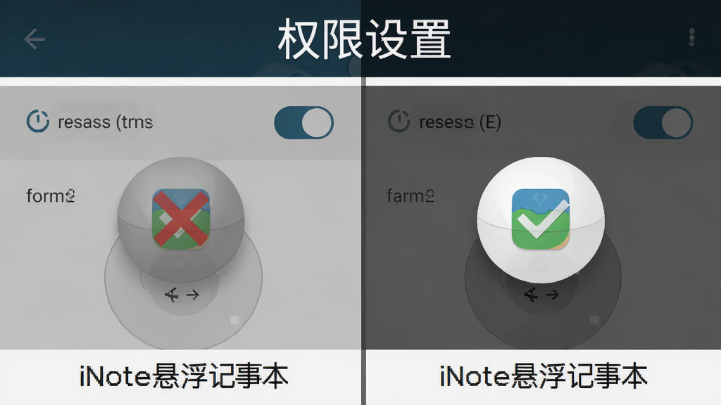 主体为安卓手机屏幕展示权限设置页面与悬浮球运行状态对比,布局为左右两部分对比排版、左侧为权限未开启的灰色悬浮球、右侧为权限开启后的正常悬浮球,排版为顶部标题“权限设置”、中部对比图、底部提示文字,风格为教程示意图风格,细节包括权限开关图标、红色叉号与绿色对勾、悬浮球明暗对比,画质为高清、干净、无多余元素,画面中标注文字“iNote悬浮记事本”
