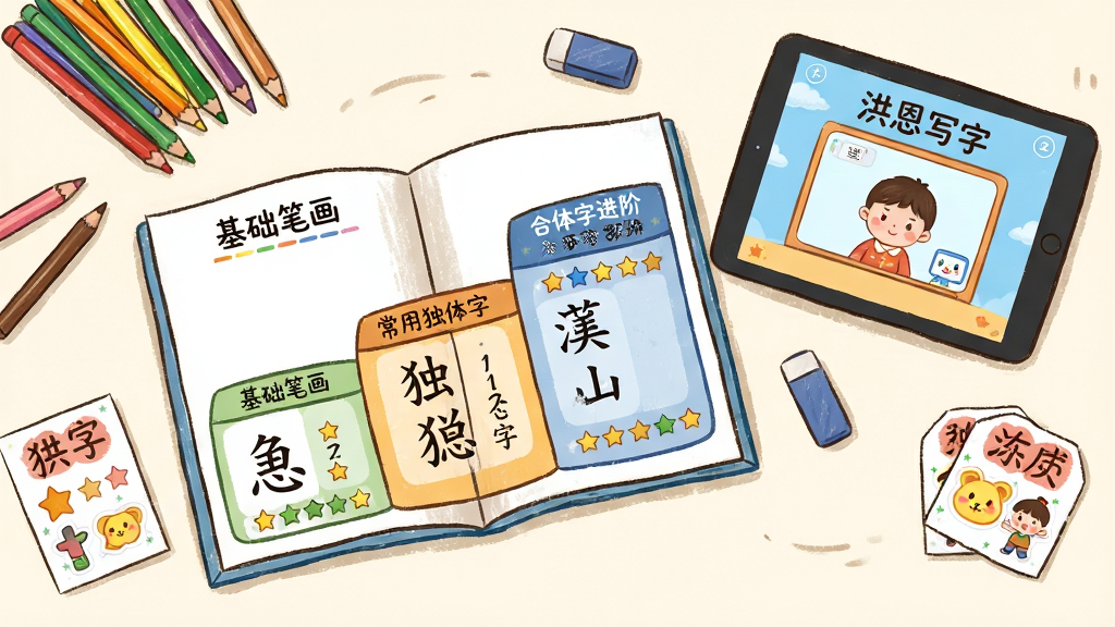 画面为一张儿童学习桌俯视图,桌面上摊开一本卡通风格的汉字练习册,练习册页面分为三个阶梯区域,分别标注“基础笔画”“常用独体字”“合体字进阶”,每区域配有对应汉字示例与星星进度条,练习册旁放置平板电脑显示“洪恩写字”课程界面,风格为温馨手绘教育插画,细节包括彩色铅笔、橡皮、奖励贴纸,画质清晰,画面干净,无多余元素
