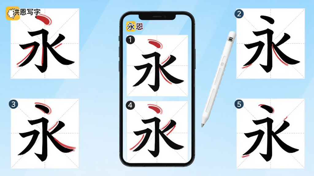 画面主体为一块竖屏手机,屏幕中显示汉字“永”的笔顺动画分解图,共八步逐笔高亮展示,每步配有红色笔画轨迹与序号标注,手机旁有一支触控笔悬浮,背景为浅蓝色渐变教育风格,布局为手机居中、笔画分解图环绕四周,风格为扁平化教学示意图,细节包括“洪恩写字”角标、田字格底纹、笔画序号数字,画质清晰,画面干净,无多余元素