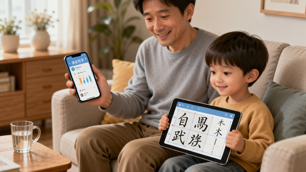 画面为一位家长与孩子并排坐在沙发上,家长手持手机查看学习报告界面,孩子手持平板进行汉字书写练习,两人表情轻松愉快,背景为温暖的家庭客厅,布局为人物中景、设备屏幕内容清晰可见,风格为写实温馨家庭摄影感插画,细节包括手机上的“洪恩写字”学习报告图表、平板上的田字格书写界面、茶几上的水杯,画质清晰,画面干净,无多余元素