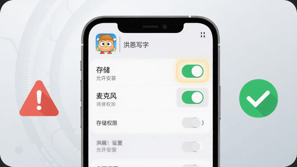 画面为一部手机屏幕特写,显示应用权限设置页面,列表中“存储”“麦克风”权限开关处于开启状态,屏幕旁有一个红色警示三角图标与绿色对勾图标并列,背景为浅灰色科技感渐变,布局为手机居中、图标分列两侧,风格为扁平化信息图,细节包括“洪恩写字”应用图标、权限开关高亮标注、文字标签“允许安装”“存储权限”,画质清晰,画面干净,无多余元素