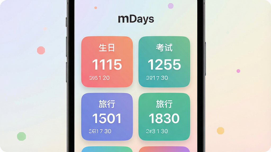 一张手机屏幕展示倒计日mDays应用主界面的场景图,画面中央是手机,屏幕内显示多个彩色倒计时卡片,分别标注