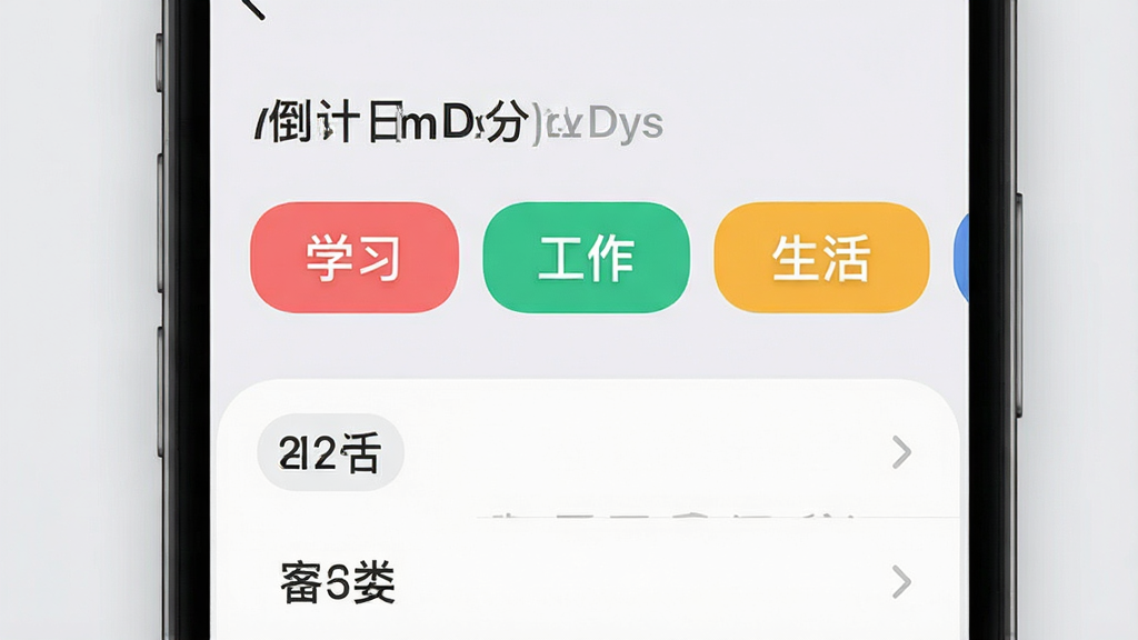 一张倒计日mDays分类标签设置界面的场景图,手机屏幕显示彩色标签选项与分类列表,标签包含