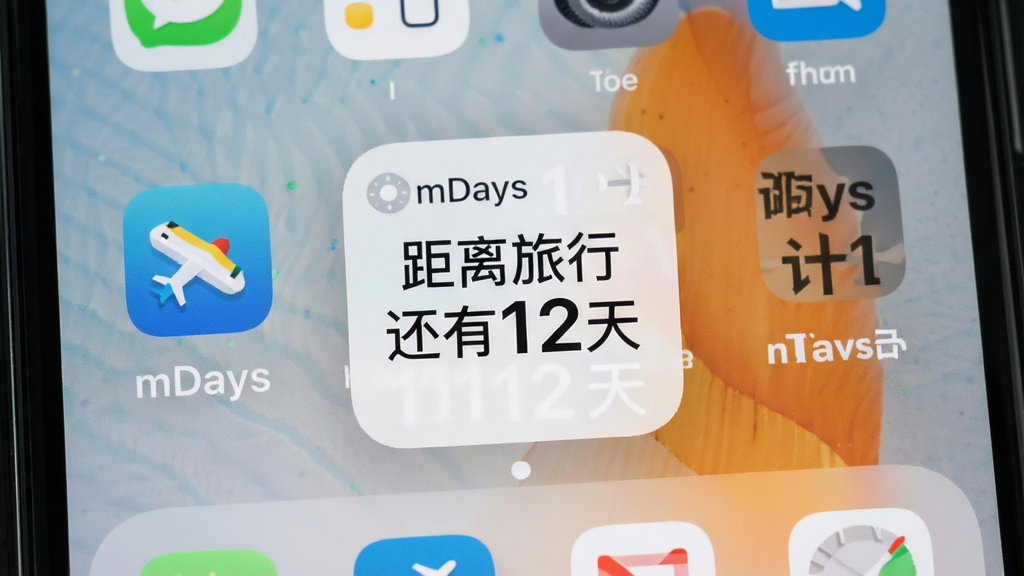 一张手机桌面展示倒计日mDays小组件的场景图,画面为手机主屏幕,桌面上放置一个方形小组件,组件内显示