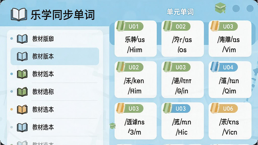 一张信息图风格插画,主体为“乐学同步单词”教材同步界面,布局左侧是教材版本选择列表,右侧是单元单词卡片网格,风格为简洁教育信息图,细节包括书本图标、单元编号标签、单词与音标对照排版,画质清晰、干净、无多余元素