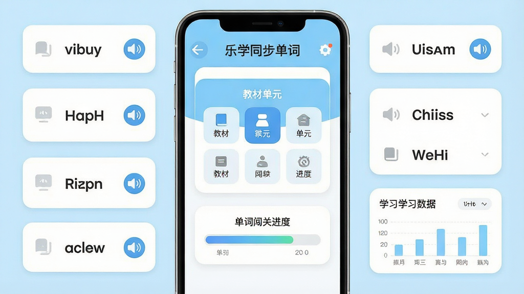 一张手机屏幕展示“乐学同步单词”应用主界面,画面中央是教材单元选择卡片与单词闯关进度条,周围环绕英语单词卡片、发音喇叭图标与学习数据小图表,布局为居中对称式,风格为清爽扁平化教育类UI,细节包括浅蓝与白色主色调、圆角卡片、简洁图标,画质清晰、干净、无多余元素
