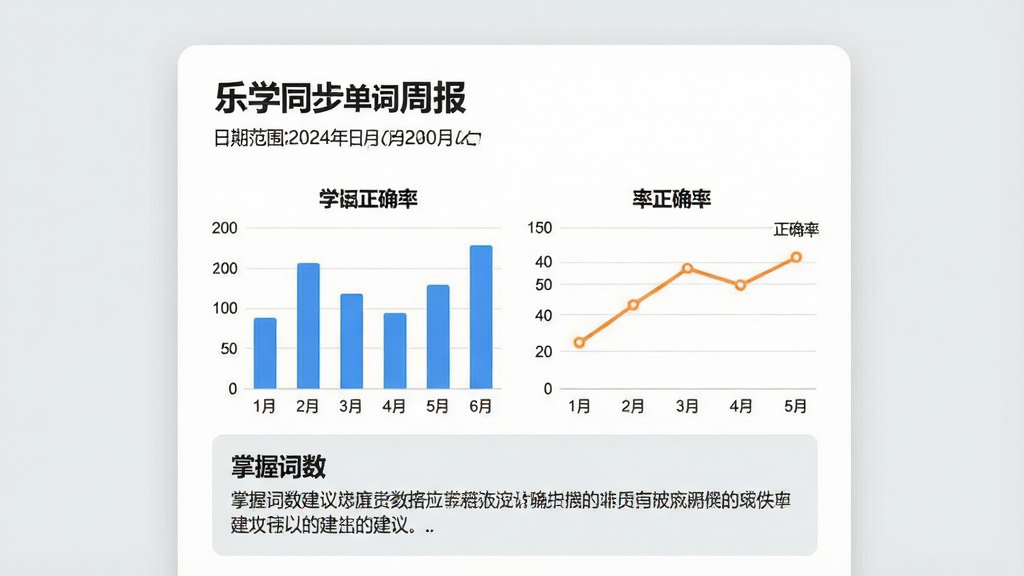 一张学习报告页面示意图,主体为“乐学同步单词”周报卡片,布局上方是标题与日期范围,中部是柱状图与正确率折线,下方是掌握词数与建议文字,风格为简洁商务报表风,细节包括蓝色柱条、橙色折线、浅灰背景分区,画质清晰、干净、无多余元素