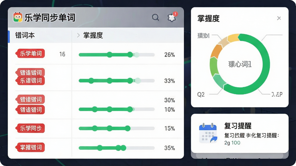 一张数据可视化风格界面图,主体为“乐学同步单词”错词本与掌握度面板,布局左侧是错词列表,右侧是掌握度环形图与复习提醒卡片,风格为清爽数据仪表盘,细节包括红色错词标签、绿色掌握进度条、日历图标,画质清晰、干净、无多余元素