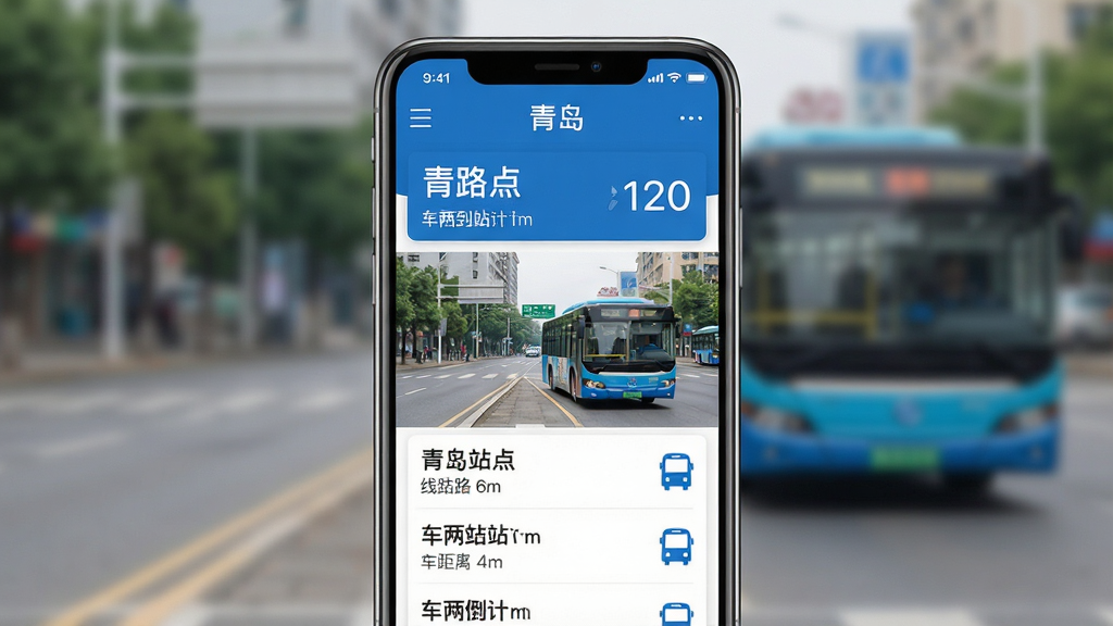 一张手机屏幕展示公交查询应用主界面,画面中央是青岛城市街道与公交车元素,界面清晰显示附近站点列表和车辆到站倒计时,整体采用蓝白配色,风格简洁现代,布局为居中手机样机展示,细节包含站点名称、线路编号、距离米数和车辆图标,画质清晰干净,无多余元素