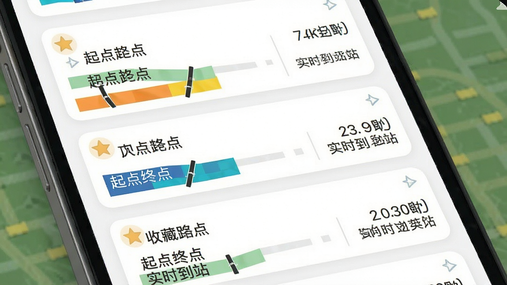 手机应用界面展示收藏线路列表,每条线路卡片带有线路编号、起点终点和实时到站信息,布局为纵向列表,风格简约卡片式,细节包含星标收藏图标、线路色块、到站时间文字,画质清晰干净,无多余元素