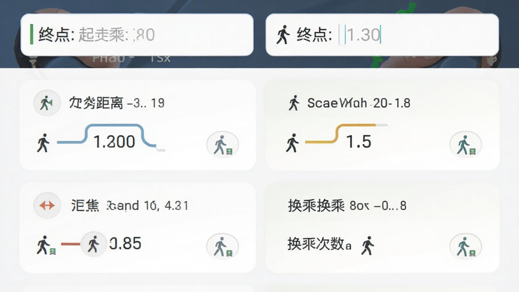 手机界面展示换乘查询结果页面,画面中有起终点输入框、多条换乘方案卡片,卡片上标注步行距离与换乘次数,布局为上下排列的卡片列表,风格扁平化设计,细节包含线路颜色区分、时间数字、步行小人图标,画质清晰干净,无多余元素