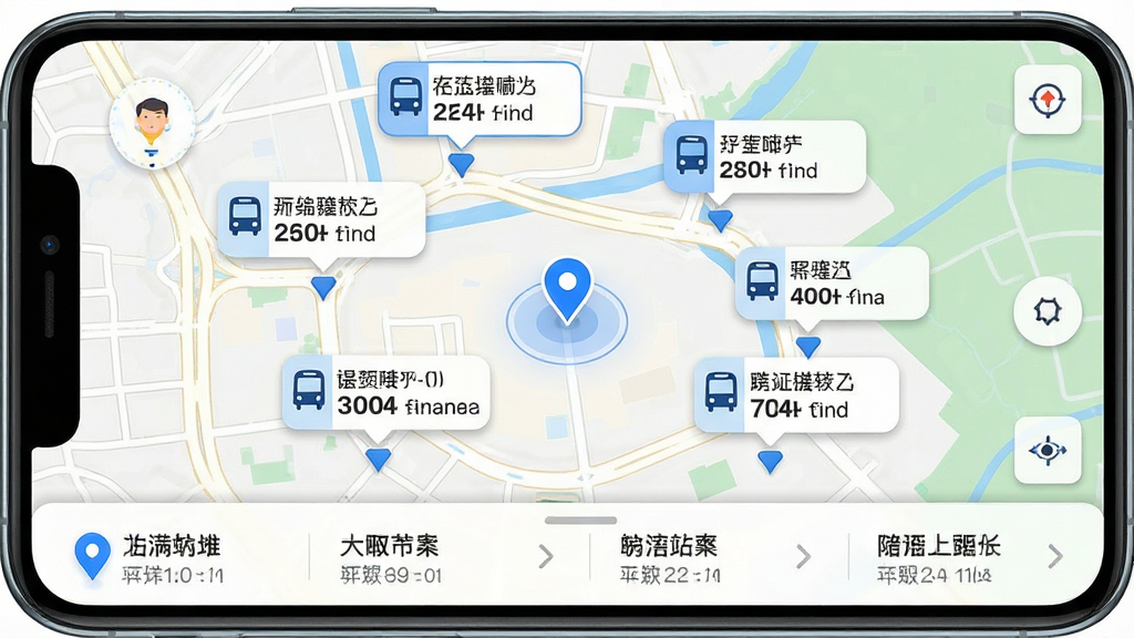 手机地图界面以用户位置为中心,周围散布多个公交站点标记,每个标记旁显示站点名称与线路数量,布局为地图全屏加底部站点列表,风格清新导航风,细节包含蓝色定位圆点、站点气泡、距离数值,画质清晰干净,无多余元素
