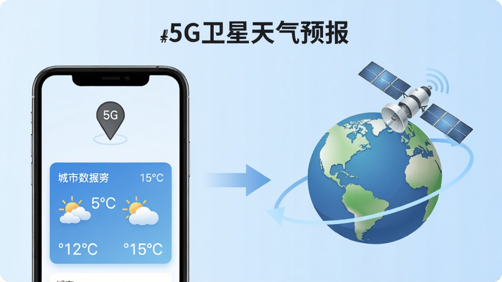 “5G卫星天气预报”软件功能展示图,画面左侧是手机屏幕显示定位图标与城市天气卡片,右侧是卫星环绕地球的示意图,中间用箭头连接表示数据同步,背景为浅蓝色渐变,风格清爽简洁,细节包含温度数字与云朵图形,画质清晰干净,无多余元素