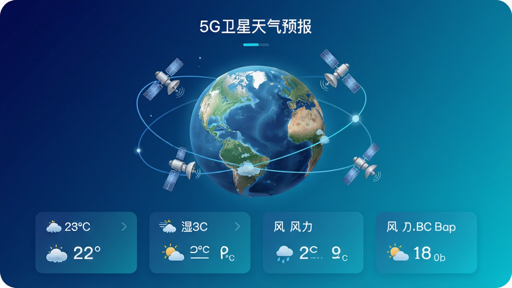 一款名为“5G卫星天气预报”的手机天气应用主界面展示,画面中央是立体地球与环绕的卫星轨道,界面下方排列温度、湿度、风力等天气数据卡片,整体采用深蓝与青色渐变科技风格,布局简洁清晰,细节包含云层纹理与卫星图标,画质高清干净,无多余元素