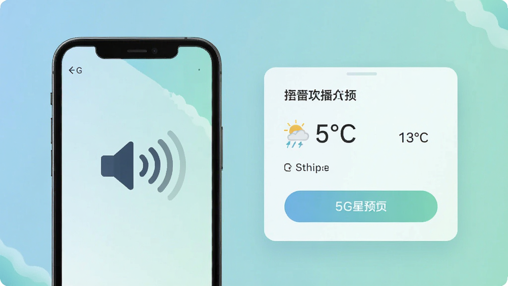 “5G卫星天气预报”语音播报功能示意图,画面中手机屏幕显示扬声器图标与声波纹理,旁边有天气数据卡片,背景为柔和蓝绿色调,风格现代简约,细节包含温度数字与播报按钮,画质清晰干净,无多余元素