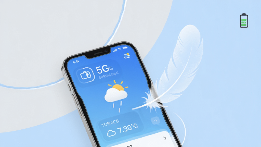“5G卫星天气预报”轻量运行概念图,画面展示一部手机与轻盈的羽毛、电池图标组合,手机屏幕显示简洁天气界面,背景为浅灰色与淡蓝色搭配,风格干净利落,细节包含存储空间图标与流畅线条,画质高清干净,无多余元素