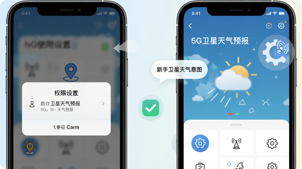 “5G卫星天气预报”新手使用示意图,画面中手机屏幕显示权限设置弹窗与天气首页,旁边有勾选图标与提示气泡,背景为浅色渐变,风格简洁明快,细节包含定位图标与设置齿轮,画质清晰干净,无多余元素