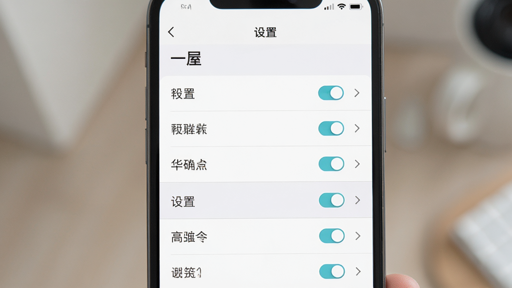 手机界面展示“一屋”应用的设置页面,选项按类别分组排列,每组之间有细分隔线,右侧有开关与箭头图标,画面采用浅色主题,排版疏朗,风格清爽,高清画质,干净无多余元素