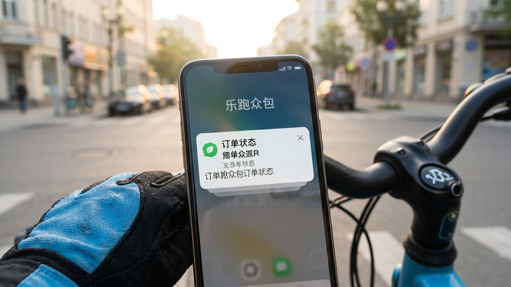 一张展示乐跑众包订单提醒功能的写实图片,画面中手机屏幕弹出订单状态通知卡片,旁边有骑手手套与车把局部,背景为清晨城市街景,风格明快,细节真实,画质清晰干净,无多余元素
