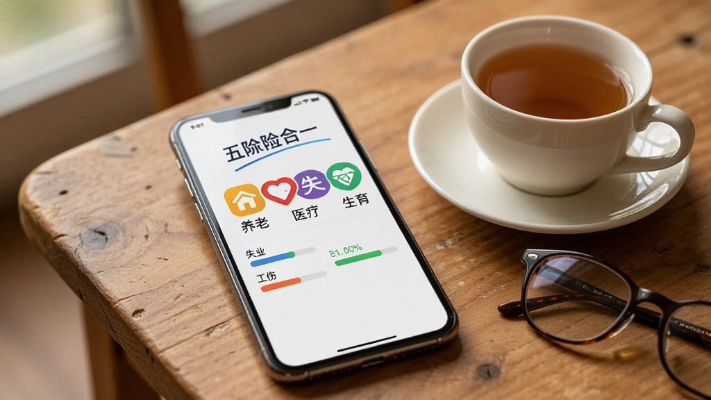 手机屏幕展示五险合一的信息面板,五个彩色图标分别代表养老、医疗、失业、工伤、生育保险,每个图标下方有状态标签和数据条,手机放置在木质桌面上,旁边有一杯茶和一副眼镜,风格温馨生活化,画质清晰,布局整齐
