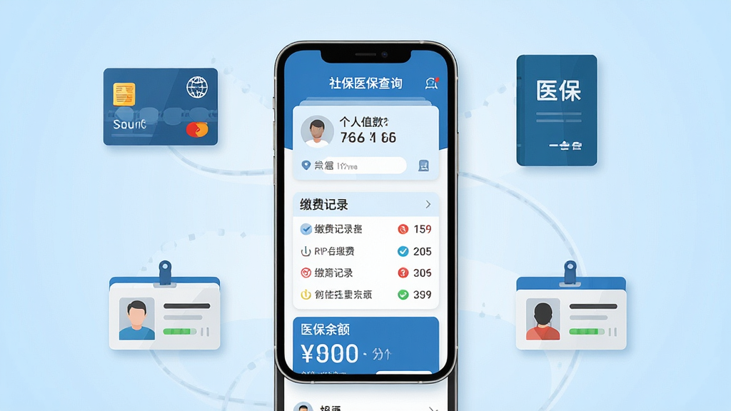 画面中央放置一部智能手机,手机屏幕显示蓝白色调的社保医保查询应用界面,界面中包含个人信息卡片、缴费记录列表和医保余额数字,手机周围环绕着社保卡、医保本、身份证等证件图标,背景为浅蓝色渐变,布局简洁明了,风格现代扁平化,细节清晰,画质高清,干净无多余元素