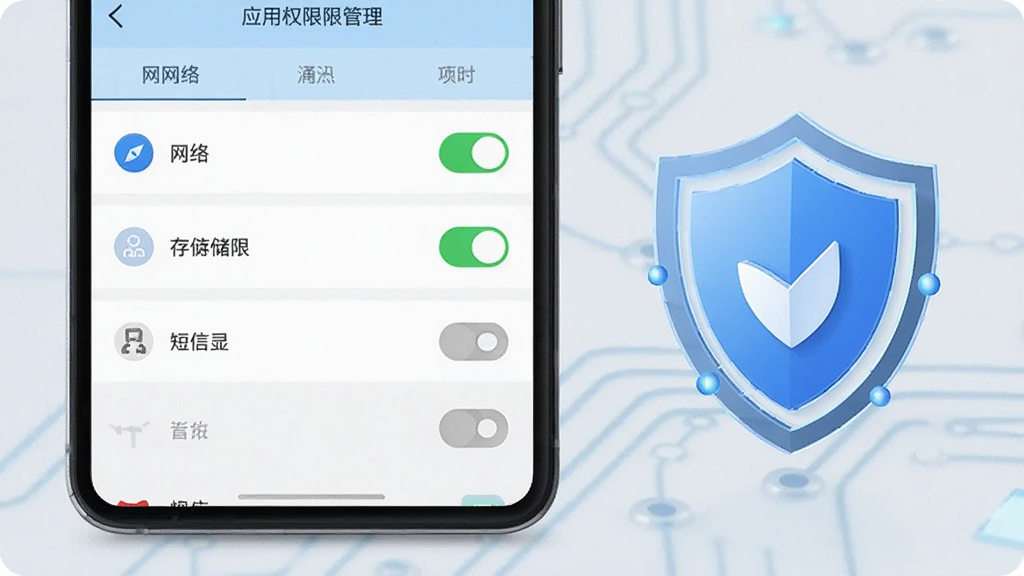 手机屏幕显示应用权限管理界面,列表中网络和存储权限为开启状态,通讯录和短信权限为关闭状态,界面配色为白色和浅蓝色,旁边放置一个盾牌图标象征安全防护,风格简洁科技感,画质清晰,布局干净