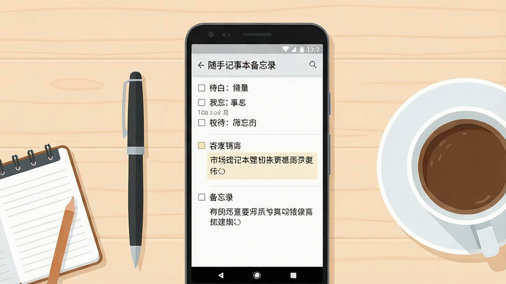 一张展示手机备忘录应用界面的场景图,画面中央是一部竖屏安卓手机,屏幕上显示“随手记事本备忘录”的浅色记事列表页面,包含几条待办事项和文字笔记条目,手机左侧放置一支笔和一个小记事本,右侧有一杯咖啡,背景为干净整洁的浅木色桌面,整体采用清新简约的扁平化插画风格,构图居中对称,细节清晰,画质干净明亮,无多余装饰元素