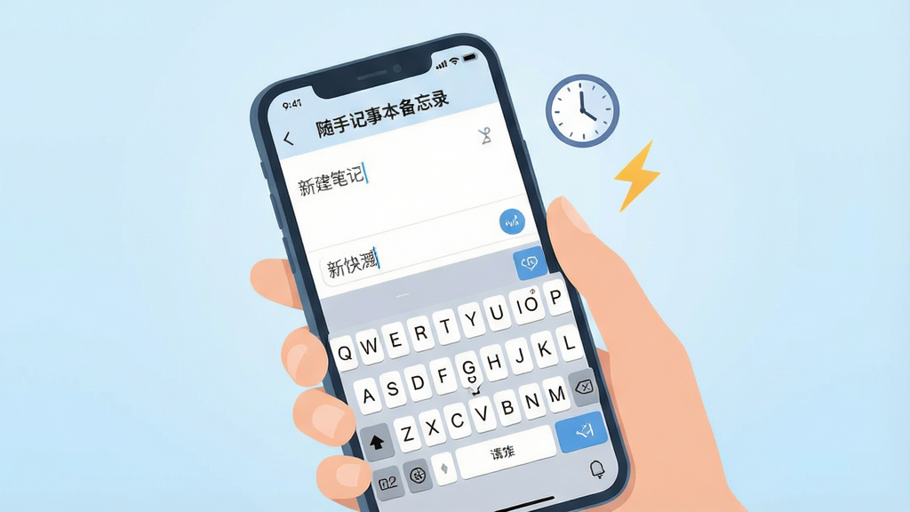 一张表现快速记录场景的插画,画面中一只手拿着手机,手机屏幕显示“随手记事本备忘录”的新建笔记输入界面,键盘上方有文字输入框,旁边漂浮着时钟和闪电的小图标象征快捷,背景为浅蓝色渐变,风格为清爽扁平插画,布局简洁,细节清晰,画质干净,无多余元素