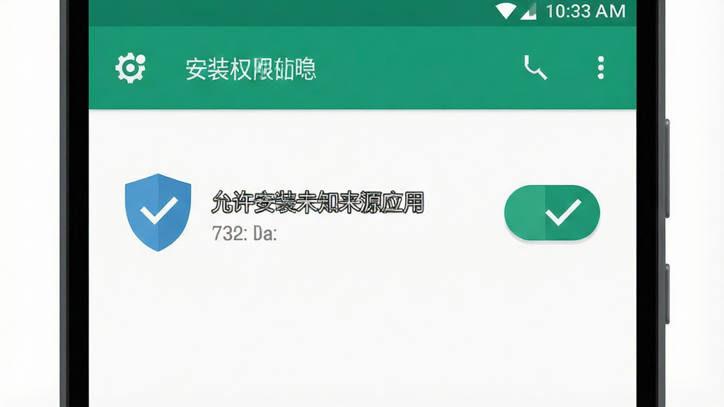 一张展示安卓手机安装应用权限设置的示意图,画面为手机屏幕特写,显示“允许安装未知来源应用”的开关界面,旁边有盾牌和勾选图标,风格为简洁扁平化信息图,布局清晰,细节干净,画质明亮,无多余装饰