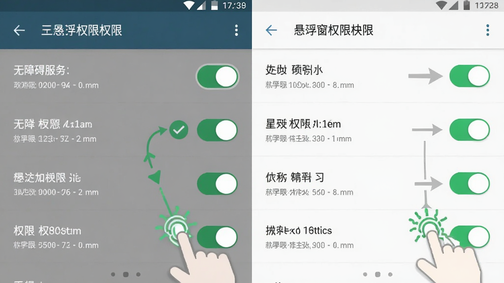 主体为安卓手机设置界面中无障碍服务与悬浮窗权限的开启示意,布局为左右分屏对比展示权限列表与开关状态,排版为教程步骤图风格,风格为清新扁平化信息图,细节包含绿色对勾标记、权限开关按钮、手指点击引导图标,画质清晰,画面干净无多余元素