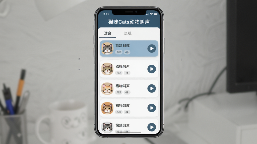 �ֻ���Ļչʾ��è��Cats���������Ӧ�õ������б����棬����Ϊ�ֻ�������д���У��Ű����룬���Ϊ�ִ�UIչʾ�磬ϸ�ڰ���������Ƶ��Ŀ��è��ͷ��ͼ�ꡢ���Ű�ť�ͷ����ǩ�����ʸ��壬�ɾ����޶���Ԫ��