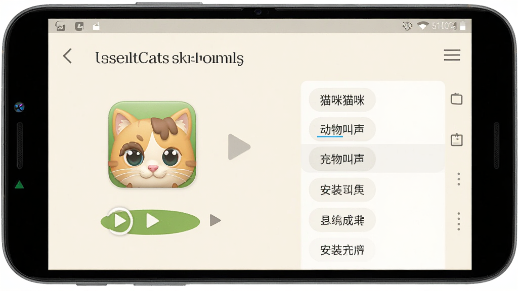 һ����׿�ֻ���Ļ��ʾ��è��Cats�����������װ��ɺ�������棬����Ϊ�ֻ����С�����Ϊǳɫ���棬�Ű�ͻ��Ӧ��ͼ��������б������Ϊ��ˬ�����Ʒչʾ�磬ϸ�ڰ���è��ͼ�ꡢ���Ű�ť�������ǩ��״̬�������ʸ��壬�ɾ����޶���Ԫ��