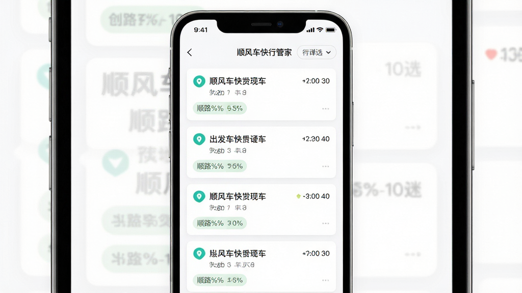 顺风车快行管家 订单聚合界面 主体为手机屏幕内的多张订单卡片 布局为纵向列表排列 排版整齐 风格为清爽浅色系 细节包含出发地目的地文字 时间标签 顺路百分比标识 筛选按钮位于顶部 背景为白色 画质高清 干净 无多余元素