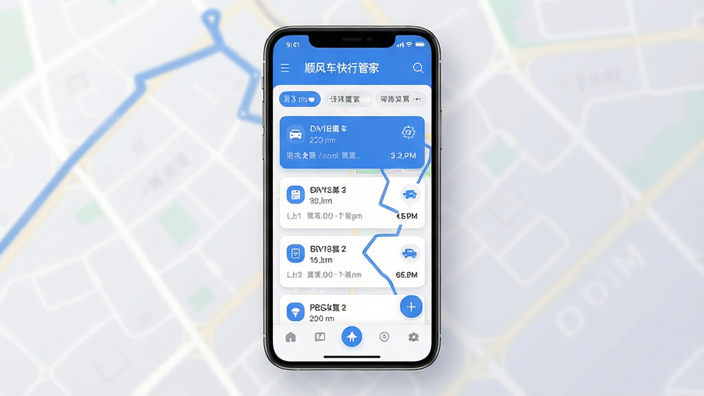 顺风车快行管家 手机应用界面展示 主体为一部竖屏智能手机居中放置 屏幕内呈现订单列表与地图路线 布局简洁清晰 排版上下分层 上方为状态栏与筛选标签 中部为订单卡片列表 下方为导航按钮 风格为现代扁平化UI设计 细节包含蓝色主色调 圆角卡片 图标线条简洁 背景为浅灰渐变 画质高清 干净 无多余元素