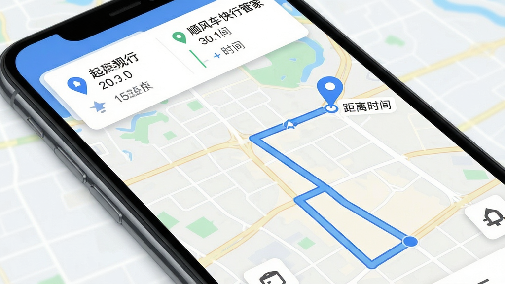 顺风车快行管家 路线规划示意图 主体为手机屏幕内地图与路线线条 布局为地图占满屏幕 排版上方为起终点信息卡 风格为简约导航界面 细节包含蓝色路线轨迹 起终点图标 距离与时间文字标注 背景为浅色地图底图 画质高清 干净 无多余元素