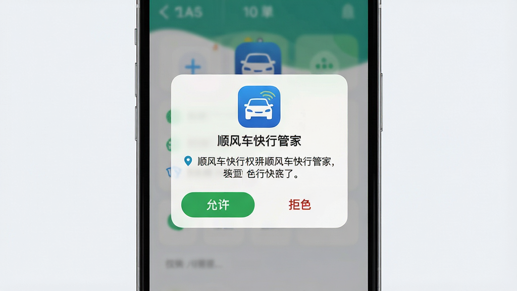 顺风车快行管家 安装设置界面 主体为手机屏幕内权限授权弹窗 布局为弹窗居中显示 排版上方为应用图标与名称 中部为权限说明文字 下方为允许与拒绝按钮 风格为简洁系统弹窗样式 细节包含定位图标 网络图标 浅色背景 画质高清 干净 无多余元素