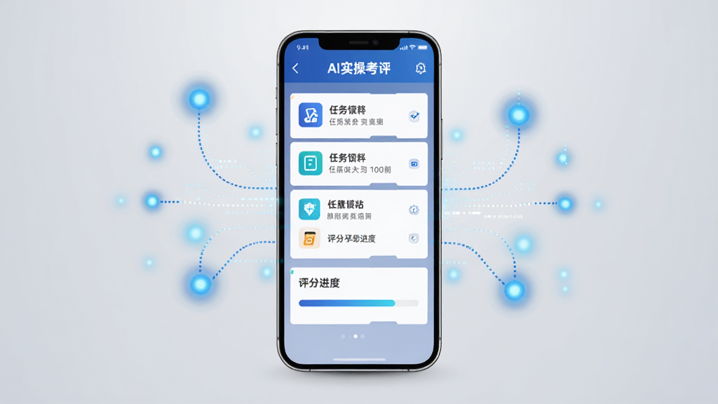 画面中央是一部竖屏智能手机,屏幕上显示AI实操考评软件的主界面,界面包含任务列表与评分进度条,手机周围环绕着代表人工智能的蓝色光点与数据线条,背景为简洁的浅灰色渐变,整体采用扁平化科技风格,细节上突出手机屏幕内的UI布局与图标,画质清晰干净,无多余元素,图片中不出现文字