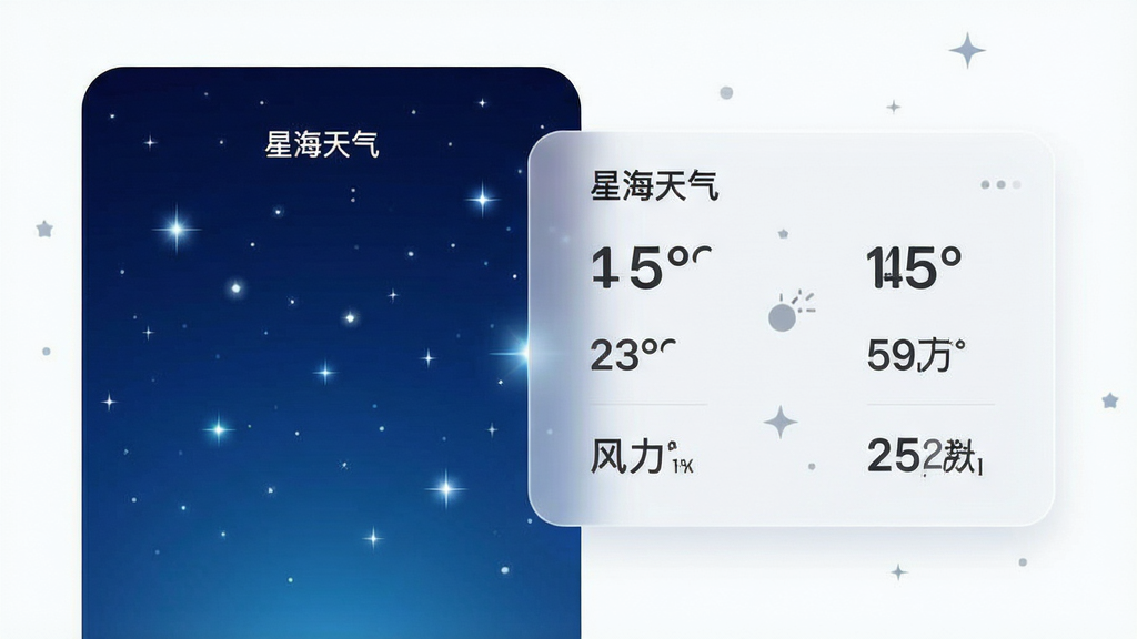 主体为“星海天气”应用内星空背景与天气数据卡片的组合画面,画面左侧为深蓝星空渐变背景配明亮星点,右侧为半透明天气信息卡片,卡片上写有温度、湿度、风力等数据;布局为左右分栏,视觉重心落在星空与卡片交界处;排版清爽留白充足;风格为简约科技风;细节包括星点大小错落、卡片圆角柔和、数据文字清晰;画质高清、画面干净、无多余元素