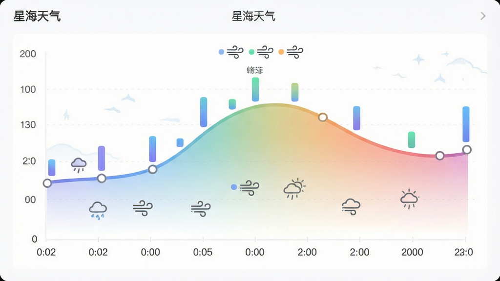主体为“星海天气”逐小时预报界面,画面中央为一条平滑的温度曲线图,曲线下方标注时间刻度,上方有降水概率小柱状图与风力图标;布局为上下结构,曲线图占据主要视觉区域;排版清晰、刻度分明;风格为数据可视化简约风;细节包括曲线带有柔和渐变填充、时间标签整齐排列、界面顶部有“星海天气”小字标识;画质高清、画面干净、无多余元素
