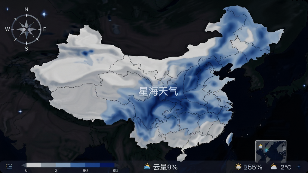 主体为“星海天气”星空地图界面,画面展示一片深色地图底图,地图上覆盖半透明云量色块,色块从浅灰到深蓝渐变表示云层厚度,地图一角有星点装饰与方位标识;布局为全屏地图加底部信息条;排版突出地图主体,信息条简洁;风格为专业气象地图风;细节包括云量色块边缘柔和、地图上有“星海天气”水印字样、底部显示云量百分比;画质高清、画面干净、无多余元素