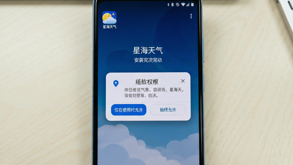 主体为一部安卓手机屏幕显示“星海天气”安装完成后的首次启动界面,界面中央有定位权限请求弹窗,弹窗下方有“仅在使用时允许”与“始终允许”两个按钮;布局为手机居中,背景为浅色桌面;排版突出弹窗内容;风格为真实手机界面截图风;细节包括弹窗文字清晰、手机边框简洁、屏幕上方有“星海天气”应用图标;画质高清、画面干净、无多余元素