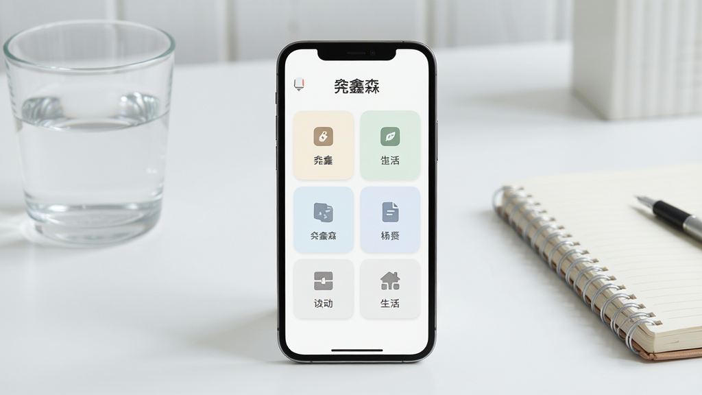 画面中央放置一部智能手机,屏幕显示简洁的生活工具类应用主界面,界面顶部有“鑫淼”字样,主体为浅色卡片式功能入口,背景为干净的书桌场景,旁边放着一杯水和笔记本,整体布局居中对称,风格清新简约,细节上强调手机屏幕的清晰度与图标整齐排列,画质清晰,干净,无多余元素
