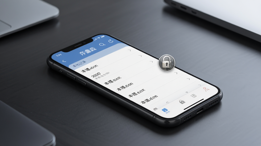手机放置在桌面上,屏幕显示“鑫淼”应用内的本地记录列表页面,旁边有一个带锁的小图标表示数据本地保存,背景为简洁的办公桌面,风格沉稳可靠,布局以手机为视觉中心,细节突出锁图标与列表条目,画质清晰,干净,无多余元素