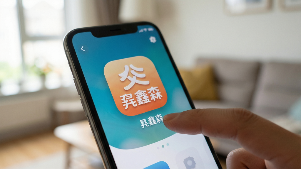 特写手机屏幕显示“鑫淼”应用界面,大号图标与简短文字标签清晰可见,手指正准备点击其中一个功能入口,背景虚化为居家环境,风格生活化真实,布局突出屏幕内容,细节强调图标圆角与文字可读性,画质清晰,干净,无多余元素