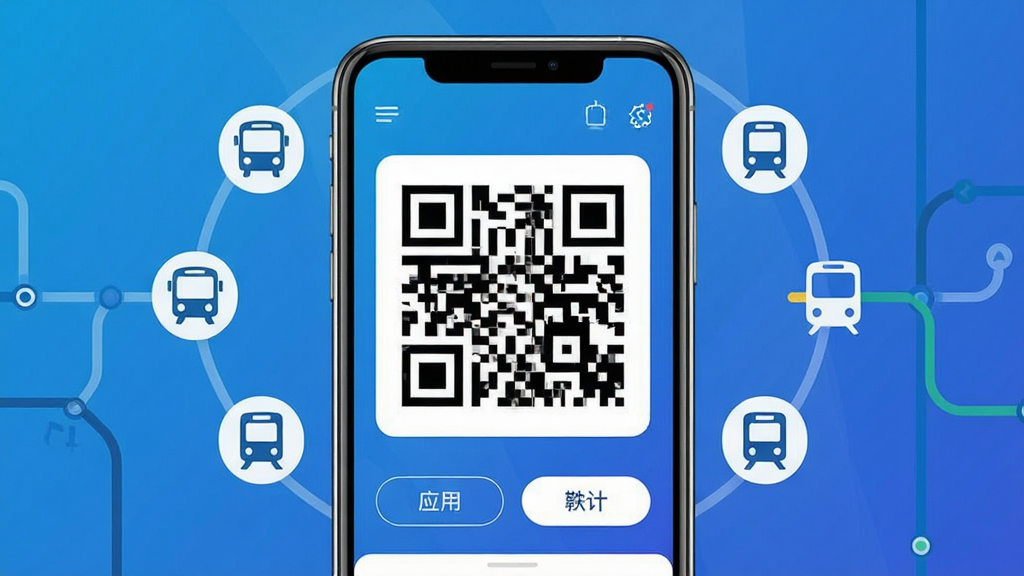 一张手机屏幕展示地铁公交一卡通应用主界面,画面中央为醒目的乘车二维码,周围环绕公交与地铁图标元素,主体为手机与界面布局,排版居中突出二维码区域,风格为现代扁平化科技感,细节包括蓝色渐变背景、简洁按钮与线路指示,画质高清干净无多余元素