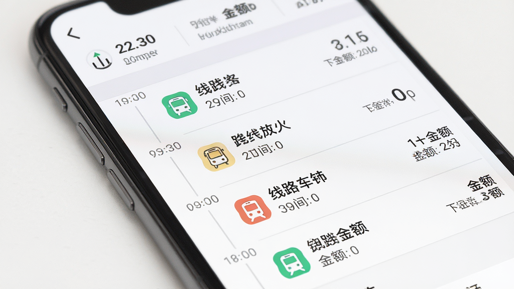 手机屏幕显示出行记录列表页面,每条记录包含公交或地铁图标、线路名称、时间与金额,主体为手机与记录列表布局,排版为清晰的时间轴样式,风格简约商务,细节包括灰色分隔线、彩色图标点缀与顶部统计栏,画质高清干净无多余元素