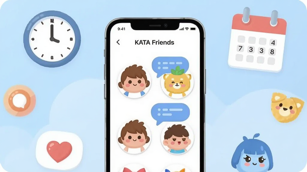 画面中央放置一部智能手机,屏幕显示 KATA Friends 应用主界面,界面中有可爱的卡通角色头像和对话气泡,手机周围环绕着时钟、日历、心形图标等生活元素,背景为柔和的浅蓝色渐变,整体布局简洁居中,风格清新扁平化,细节上角色表情友好、图标圆润,画质清晰干净,无多余元素