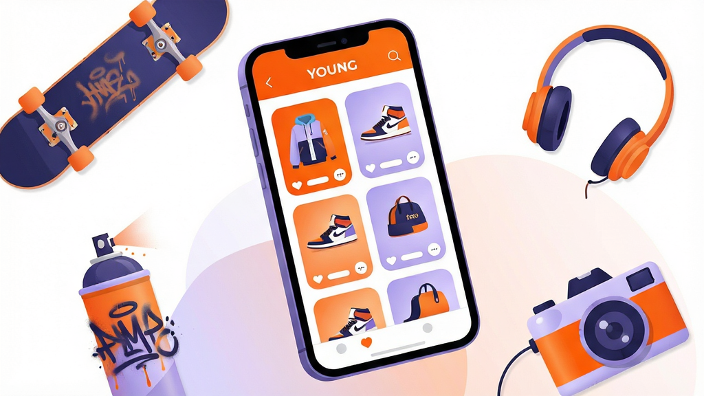 һ�����ᳱ�������ֻ�Ӧ�ó����廭������������һ�����������ֻ�����Ļ��չʾ��Young����ƽ̨����Ʒ�ٲ������棬�����������Ρ��˶�Ь�����ο�Ƭ���ֻ���Χ�����Ż��塢Ϳѻ����ޡ�����������ȳ���Ԫ�أ�����Ϊ���й�ͼ���ֻ���΢��б���Ű��������£����Ϊ��ƽ���廭�����΢���䣬ϸ�ڰ������濨ƬԲ�ǡ���Ʒ����ͼ��������ɫ��������ǳ��Ϊ�������ʸ��塢����ɾ����޶���Ԫ��