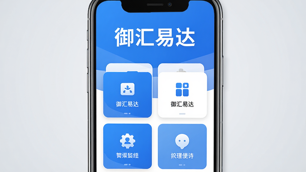 画面中央放置一部智能手机,手机屏幕显示“御汇易达”应用主界面,界面采用蓝白配色,上方有醒目的软件名称文字“御汇易达”,下方排列多个功能图标卡片,背景为浅灰色渐变,整体风格简洁现代,布局居中对称,细节清晰,画质干净,无多余元素