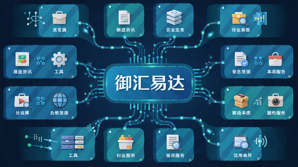 画面展示一个虚拟数字信息聚合中心,中央是“御汇易达”标志,四周延伸出多条数据线条连接不同类别的图标模块,如资讯、工具、服务等,整体采用扁平化插画风格,蓝绿色调为主,布局呈放射状,细节丰富,画质清晰干净